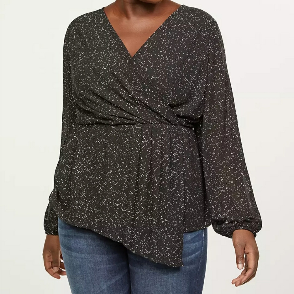 Lane Bryant NWT Draped Foil-Print Faux-Wrap Peplum Top Plus Size 28 Black